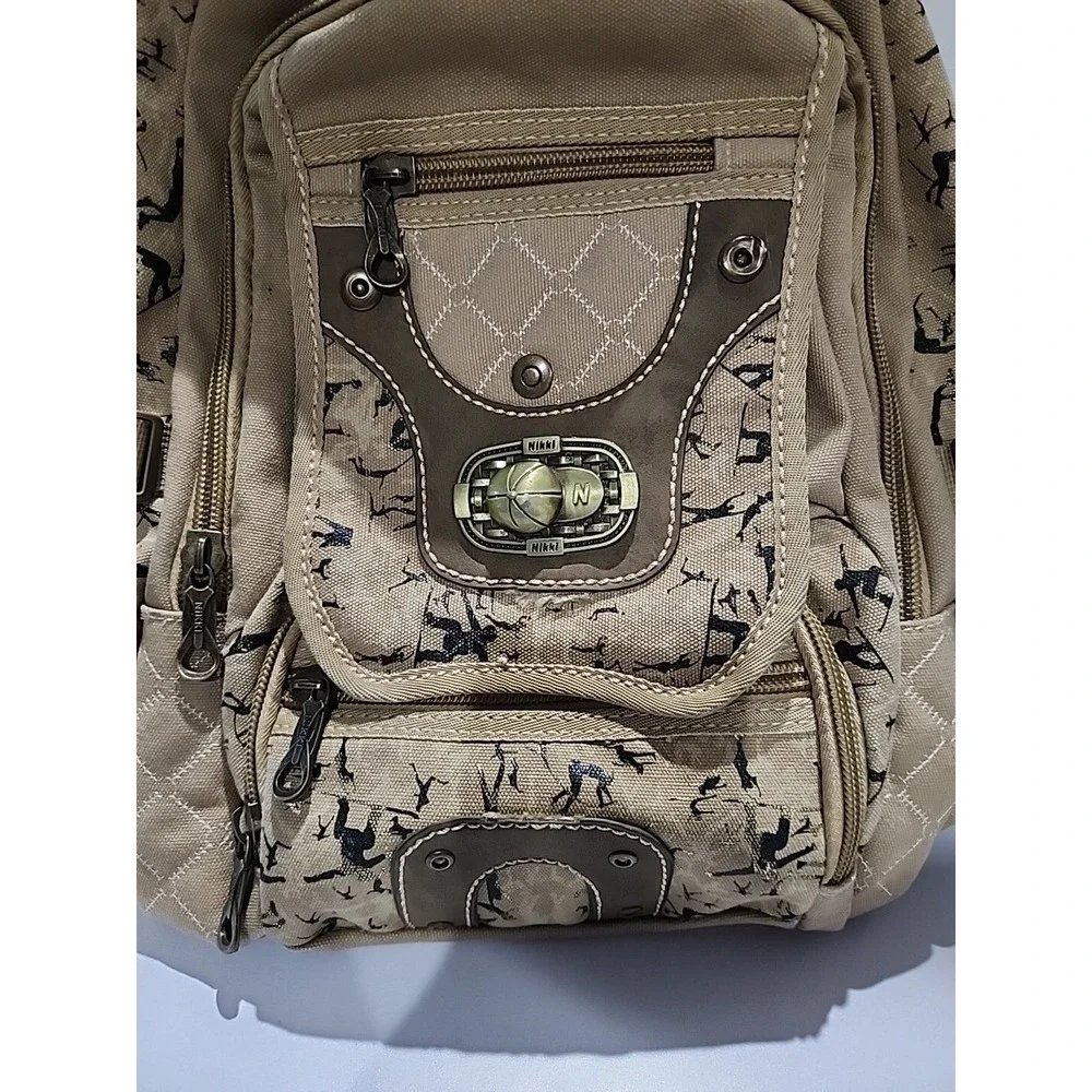 Tan Khaki Canvas Backpack Silhouette Print Multi Pocket Travel Bag